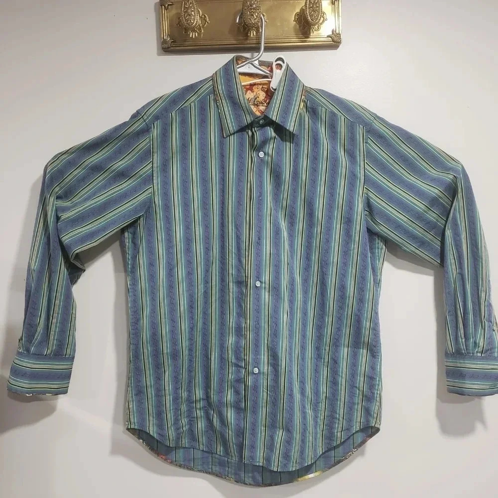 Robert Graham Mens Long Sleeve Button Down Multi-colored Striped Shirt, Size MM.